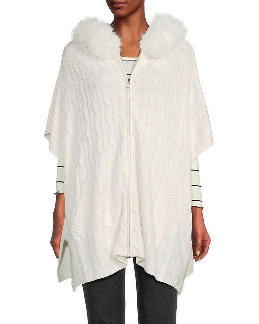 Saks Fifth Avenue White Wool Blend Faux Fur Trim Hooded Poncho