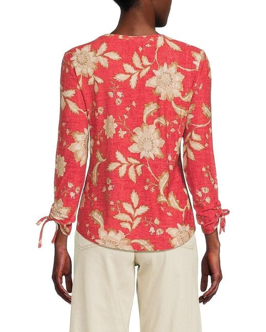 Tommy Hilfiger Red Floral Print Ruched Cuff Stretch Knit Top