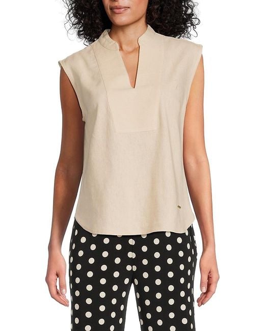 Halston Heritage White Split Neck Linen-Blend Sleeveless Top