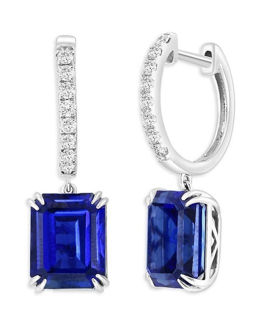 Effy 14k White Gold, Lab Grown Sapphire & 0.31 Tcw Lab Grown Diamond Huggie Drop Earrings