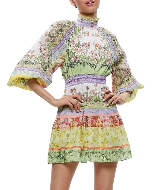Alice + Olivia Green Lavinia Floral Blouson Sleeve Mini Dress