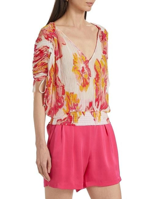 Ramy Brook Pink Frances Floral Plissé Drawstring Top