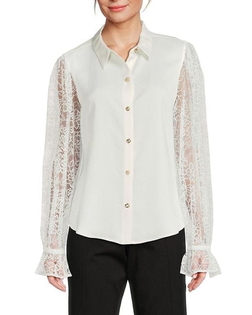 Karl Lagerfeld White Lace-Sleeve Button-Front Top