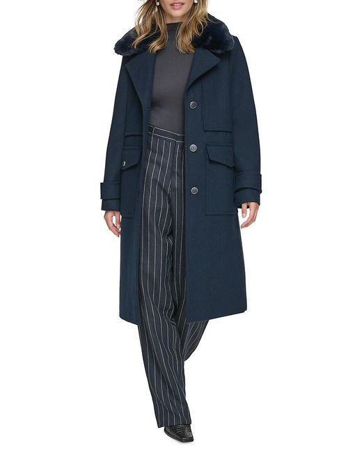 Andrew Marc Natural Olpae Faux Fur Collar Wool Blend Trench Coat