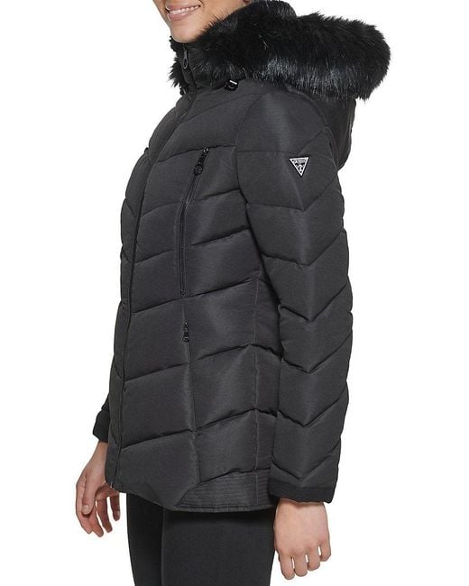 Guess Faux Fur Lined Hooded Puffer Jacket in Yellow Lyst