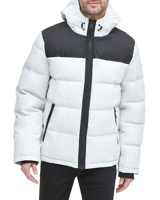 DKNY White Classic Fit Logo Hooded Puffer Jacket for men