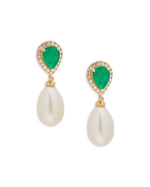 Effy Green 14K, 7Mm Freshwater Pearl, & Diamond Drop Earrings