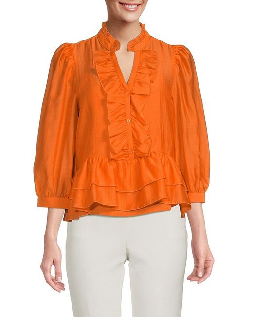 Karl Lagerfeld Orange Puff Sleeve Ruffle Blouse