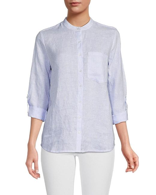 Saks Fifth Avenue Blue Band Collar 100% Linen Shirt