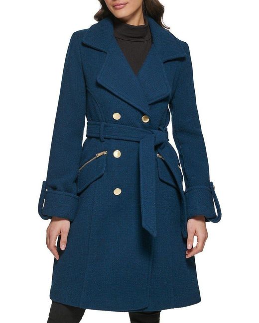 Guess Blue Double Breasted Belted Wool Blend Coat
