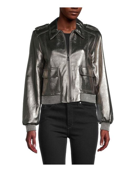Ted Baker Metallic Faux Leather Bomber Jacket in Silver (Black) | Lyst