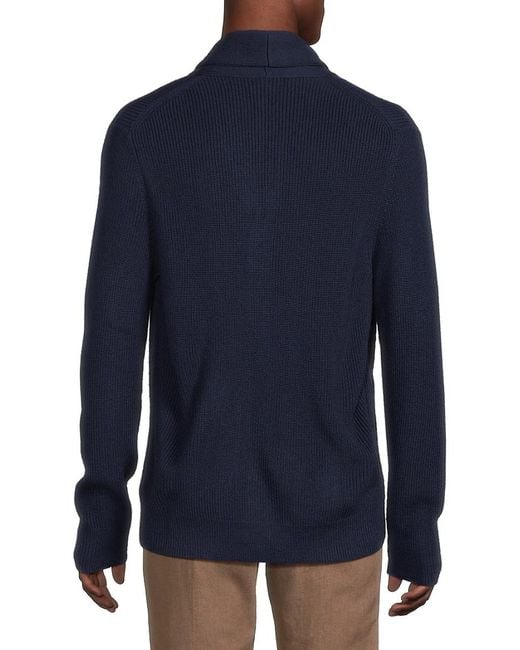 Saks Fifth Avenue Blue Merino Ribbed Shawl Collar Wool-Blend Cardigan for men