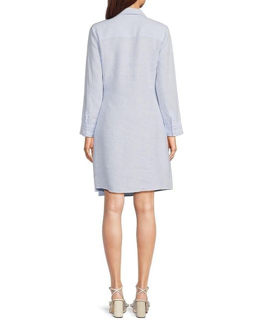 Saks Fifth Avenue Blue Striped 100% Linen Midi Wrap Dress