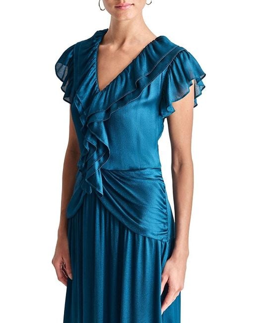 DKNY Blue Sleeveless V-Neck Ruffle Crinkle Fit-And-Flare Midi-Dress