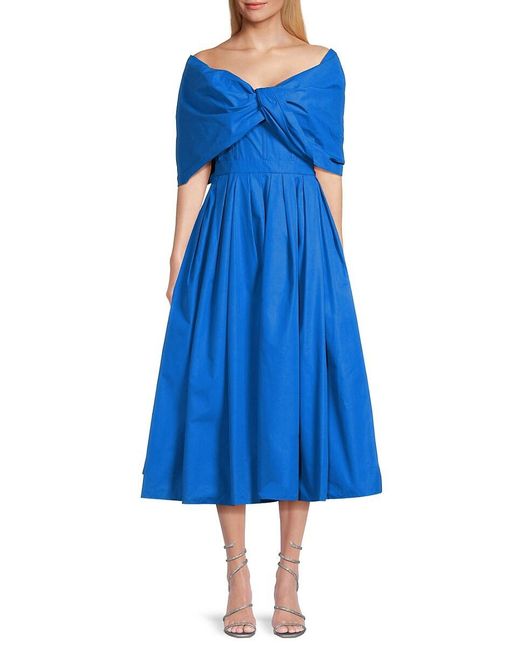 McQueen Women's Blue Draped Off-Shoulder Cotton Midi-Dress