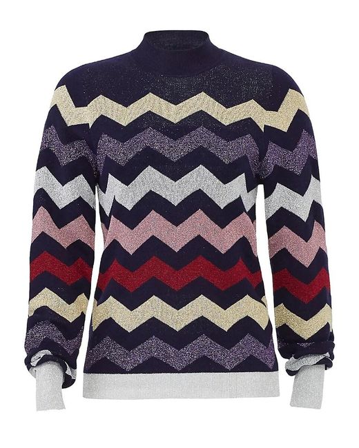 Tara Jarmon Blue Chevron Metallic Wool Blend Sweater
