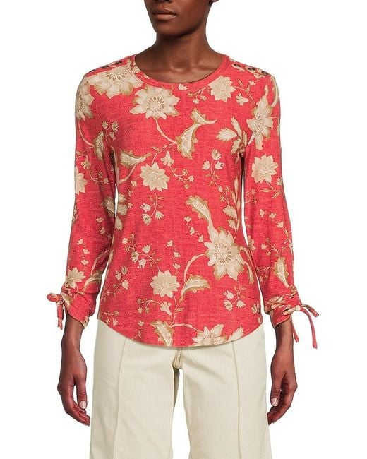 Tommy Hilfiger Red Floral Print Ruched Cuff Stretch Knit Top