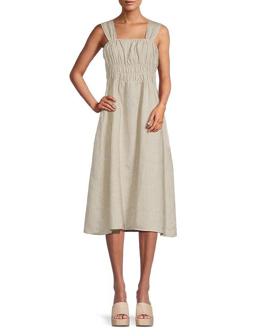 Saks Fifth Avenue Natural Smocked 100% Linen Midi Dress