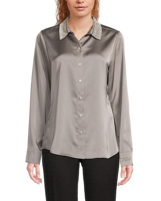 Karl Lagerfeld Gray Crystal-Embellished Collar Satin Shirt