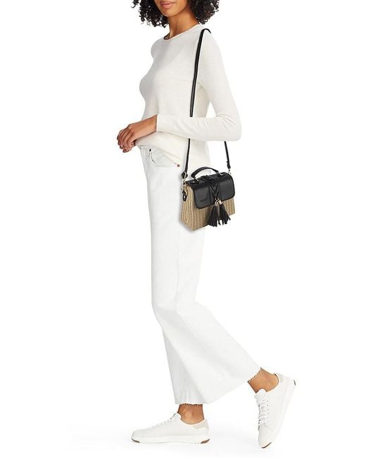 Surell Black Woven Straw & Faux Leather Top-handle Bag