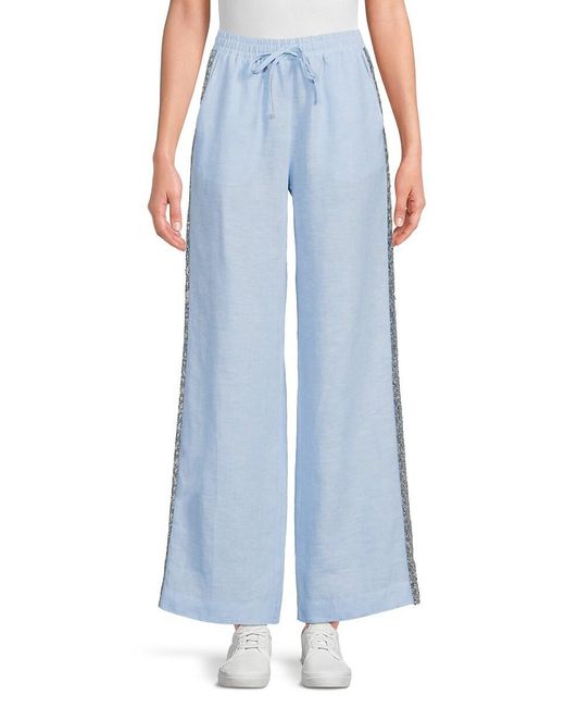 Saks Fifth Avenue Blue 100% Linen Sequin Trim Straight Pants