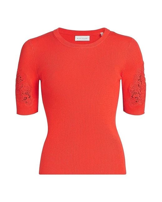 Tahari Red The Magnolia Lace-Trimmed Sweater