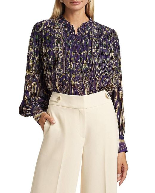 Tahari Black Abbey Pleated Abstract Chiffon Blouse
