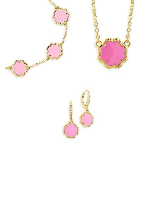 Sterling Forever White 3-piece 14k Goldplated, Pink Turquoise Flower Earrings, Necklace & Bracelet Set