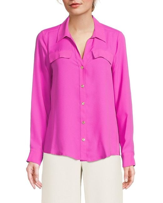 Halston Heritage Pink Faux Pocket Button-Front Blouse