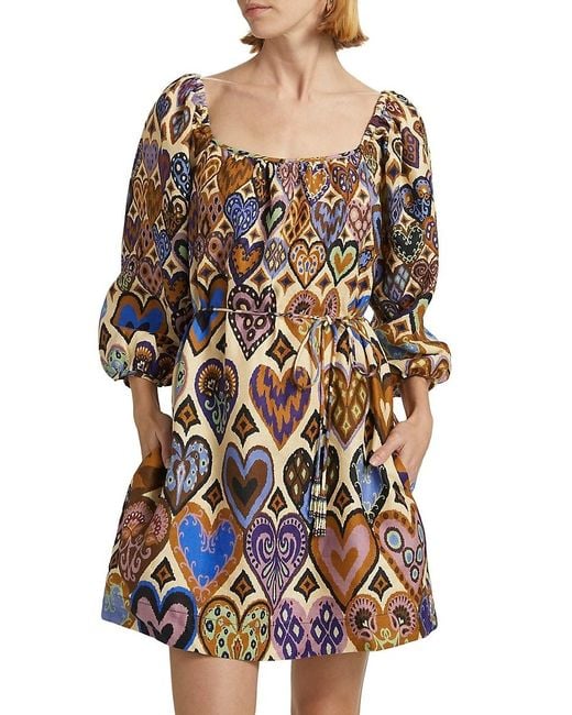 Farm Rio Black Hearts Ikat Cream Long-Sleeve Minidress