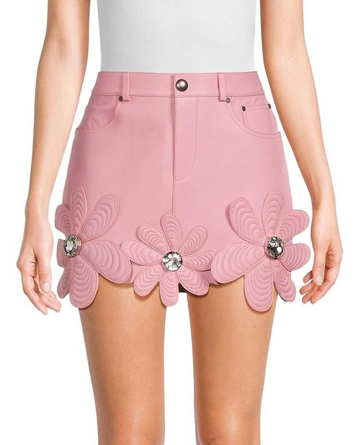Area Pink Mussel Flower Appliqué Leather Mini Skirt
