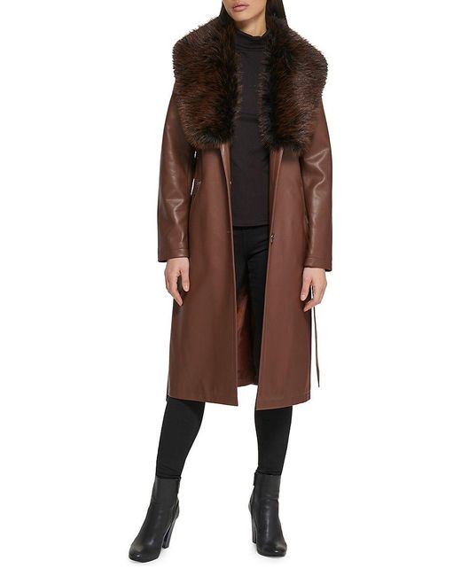 Kenneth Cole Faux Leather & Faux Fur Belted Trench Coat in Coffee ...