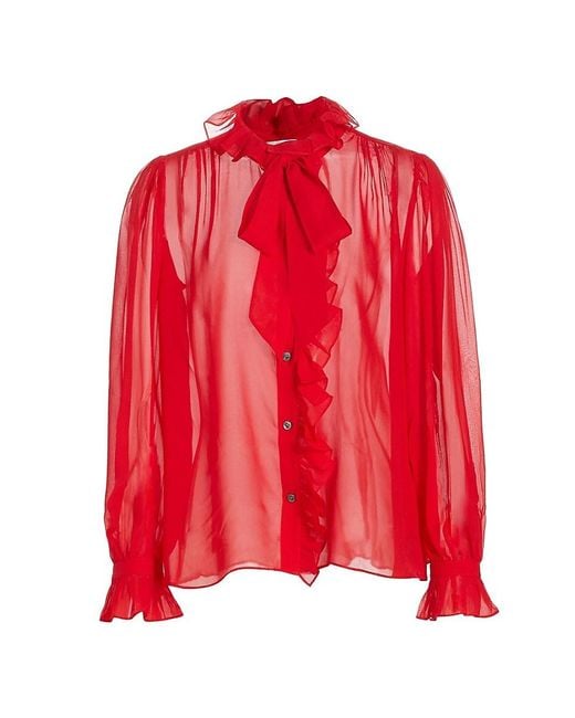 FRAME Red Ruffled Silk Button-front Blouse