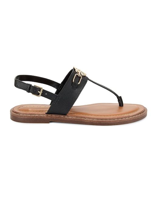 Tommy Hilfiger Black Faux Leather Logo Thong Sandals