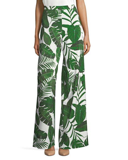 Alice + Olivia Athena Leaf-print Wide-leg Pants in Green | Lyst