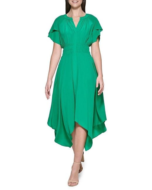 Kensie Green Shirred Splitneck Midi Dress