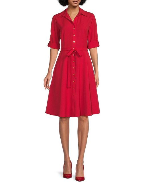 Sharagano Red Belted A-line Shirt Dress