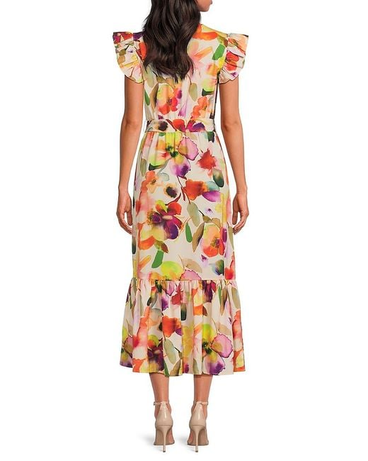 Sam Edelman White Watercolor Fooral Flutter-Sleeve Midi-Dress