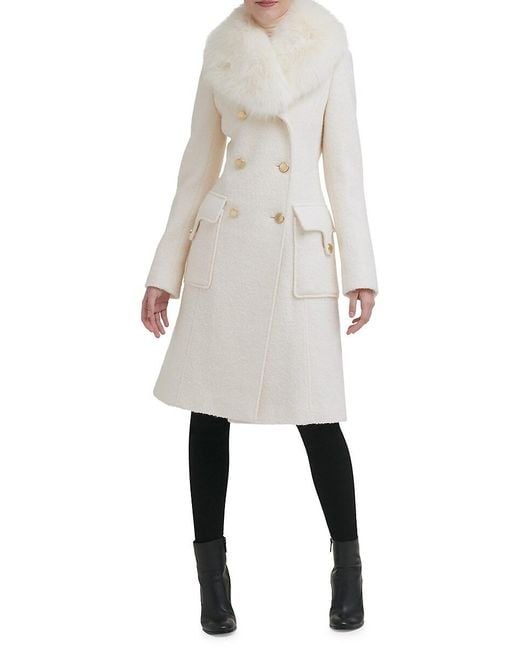 Guess Natural Faux Fur Trim Double Breasted Coat
