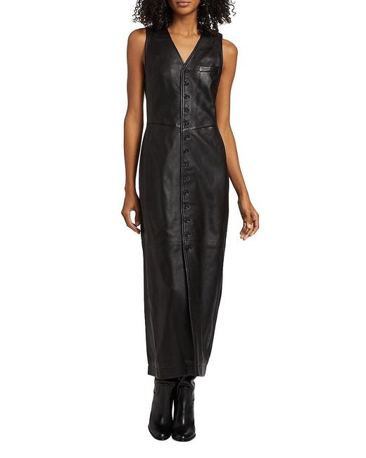 FRAME Black Sleeveless Leather Button-Front Midi-Dress