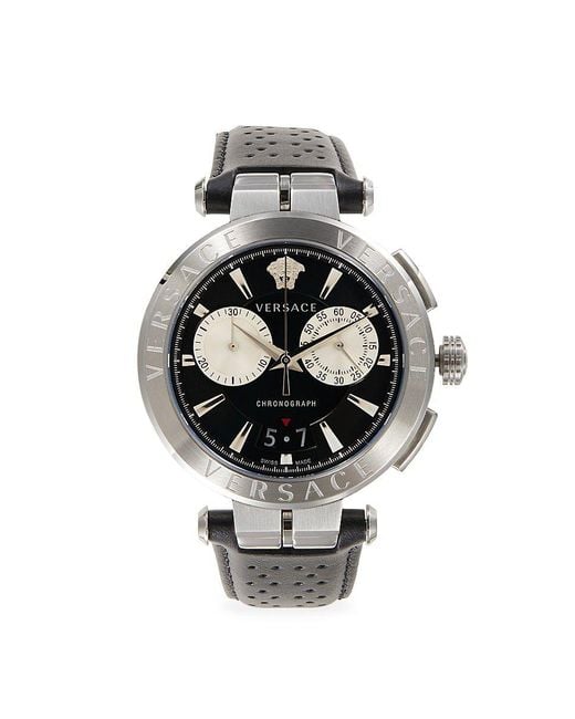 Versace 45mm Stainless Steel & Leather Strap Chronograph Watch in Gray