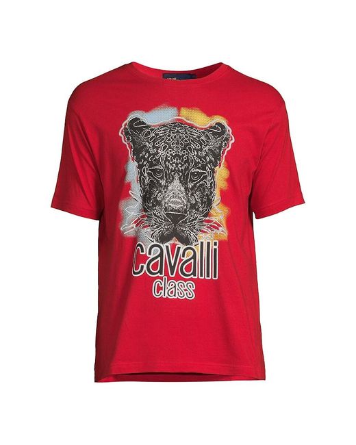 Class Roberto Cavalli Red Leopard Crewneck Graphic Tee for men