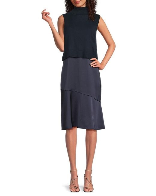 Sam Edelman Blue Knit Layered Satin Midi-Dress