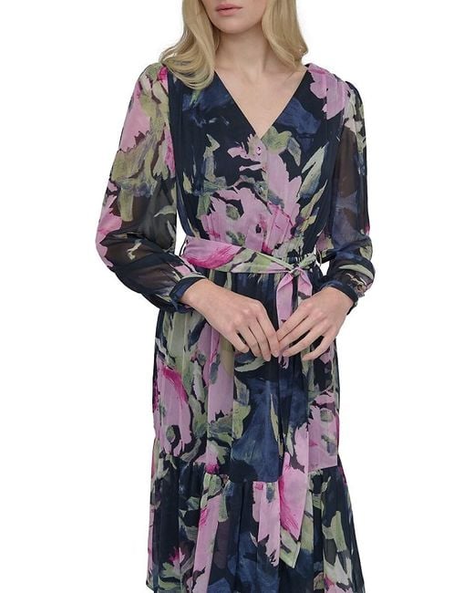 DKNY Blue Long Puff Sleeve Midi-Dress