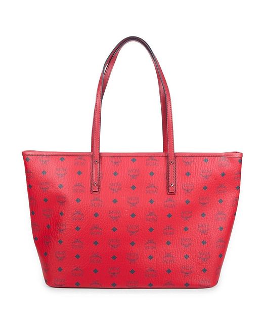 MCM Red Aren Visetos Monogram Coated Canvas Tote