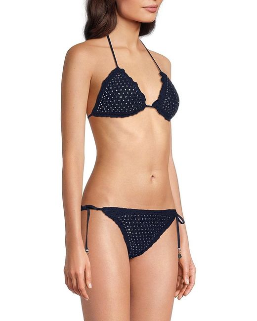 MILLY Blue Crystal Studded Halter-Neck Crochet Bikini Top