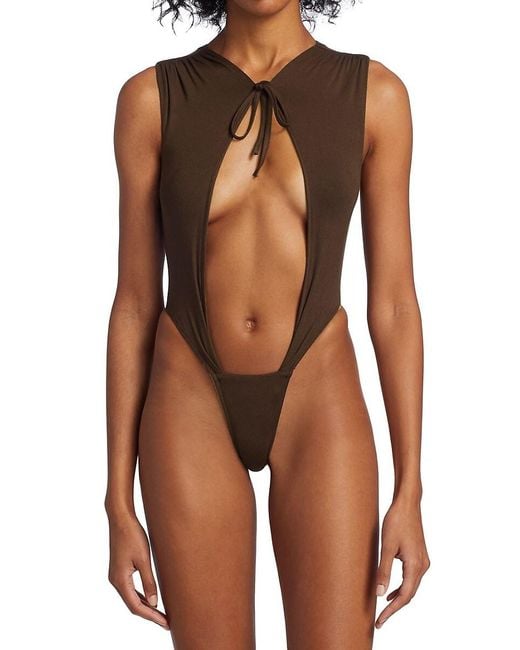 LAQUAN SMITH Brown Self Tie Cut Out Bodysuit