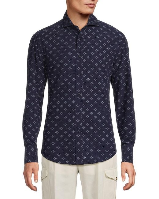 Brunello Cucinelli Blue Printed Cotton Button-Front Shirt for men