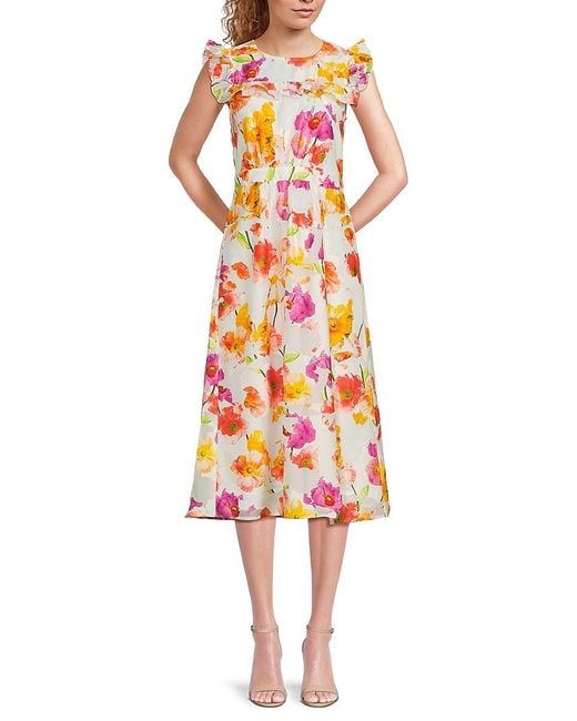 Karl Lagerfeld White Floral Flutter-Sleeve Midi-Dress