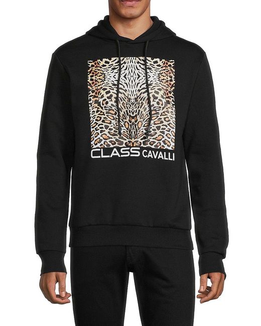 Class Roberto Cavalli Black Leopard Graphic Hoodie for men